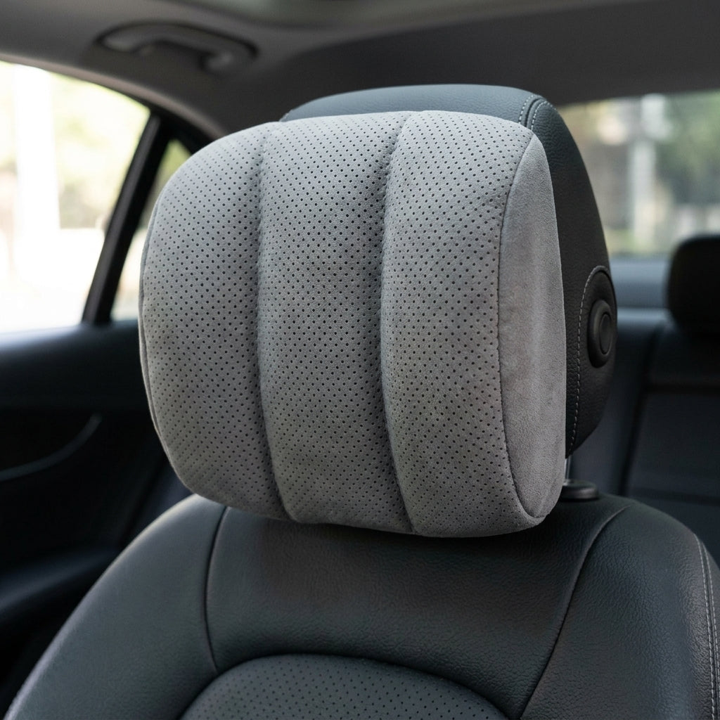Grey car headrest cushion fitted to a car seat headrest