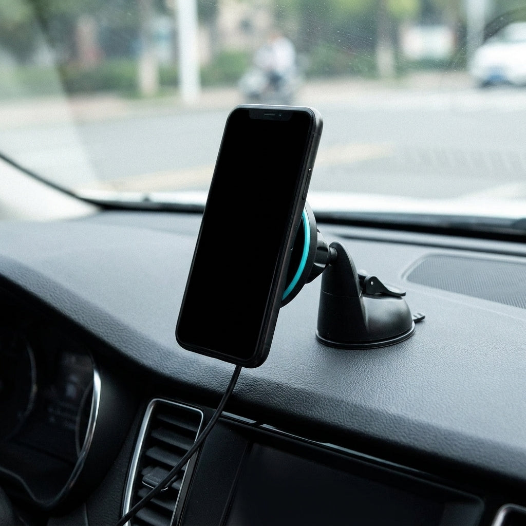 25W wireless charging car phone mount with a phone attached