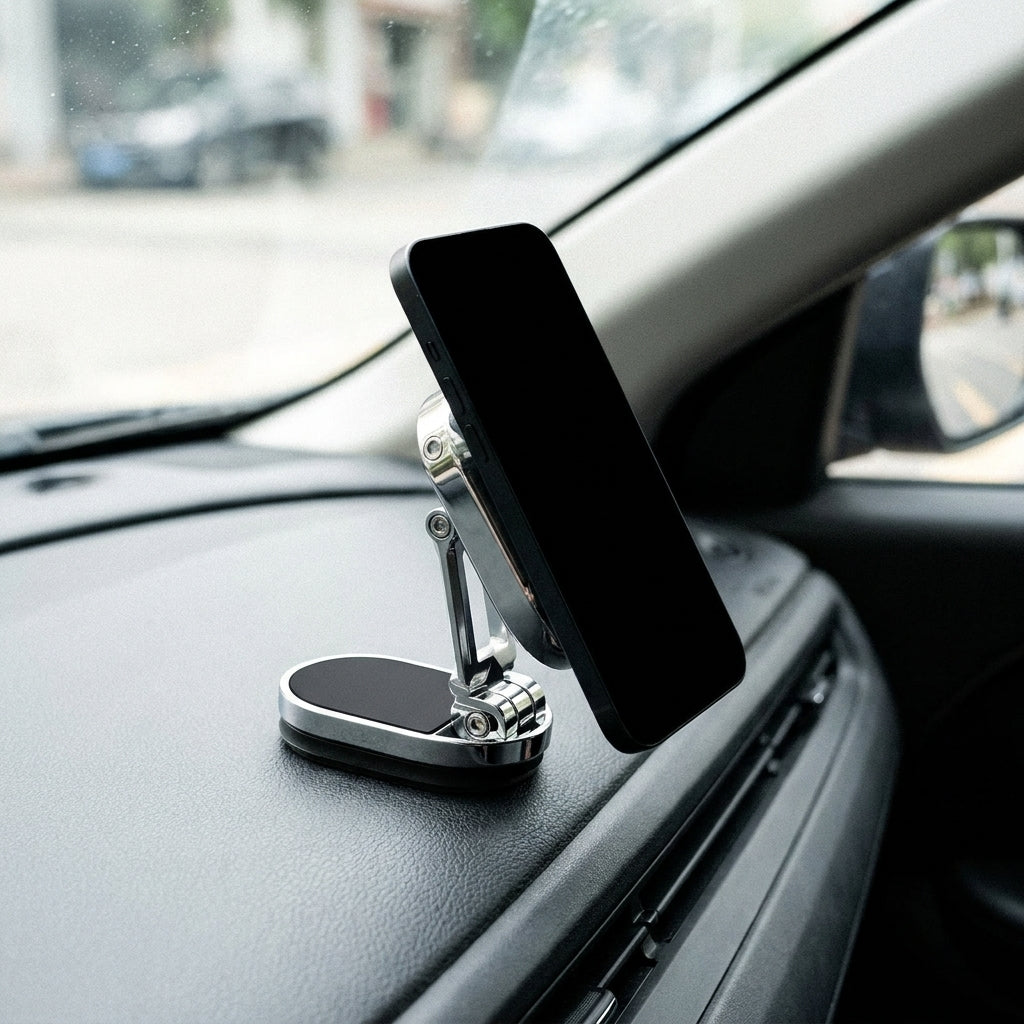 Magnetic car phone mount holding a phone on a car dashboard
