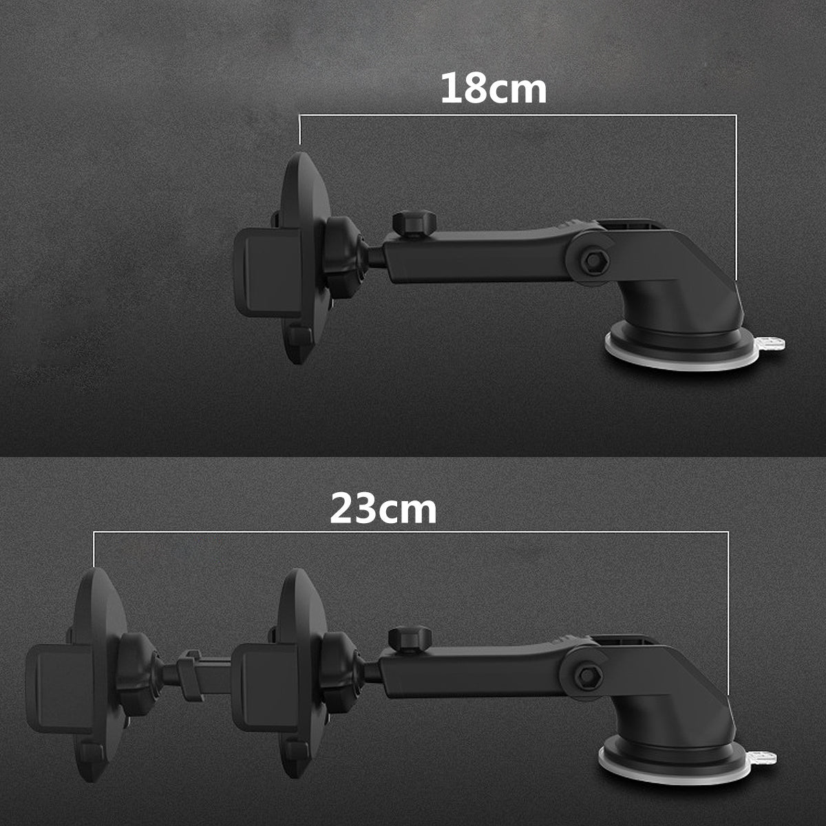 Telescopic Car Dashboard Phone Mount — arm dimensions, 18 cm retracted and 23 cm extended