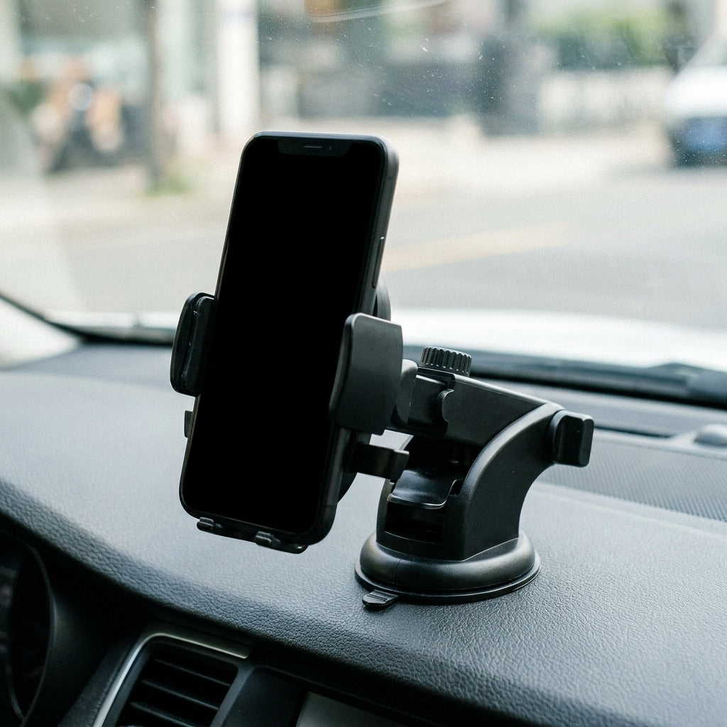 Telescopic car dashboard phone mount holding a phone at eye level