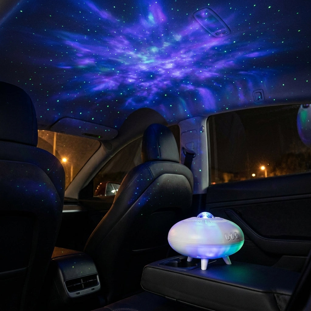 UFO galaxy car projection light casting rotating colour across a car interior