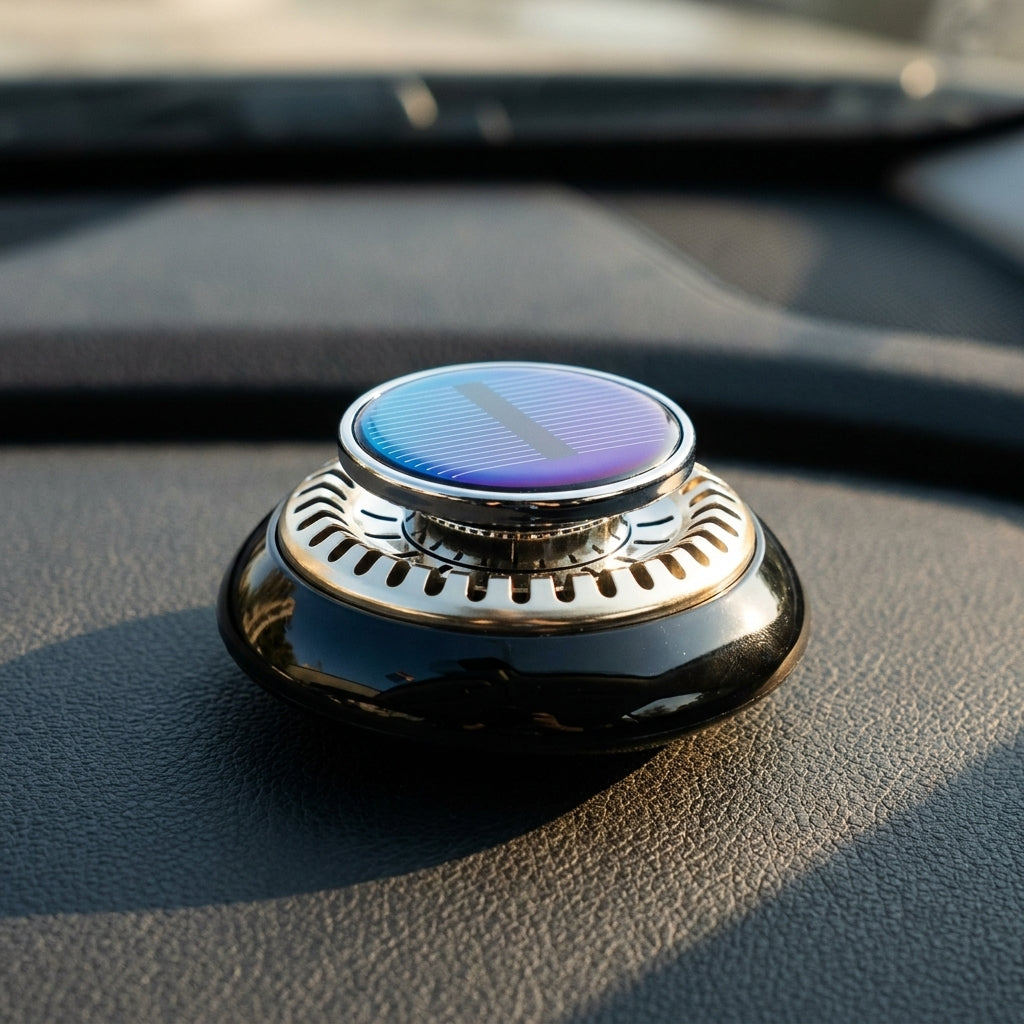 Kinetic solar car air freshener spinning on a car dashboard