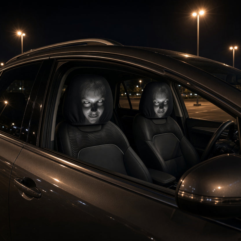 Funny Car Headrest Cover – Creepy Face Prank Design, Universal Fit
