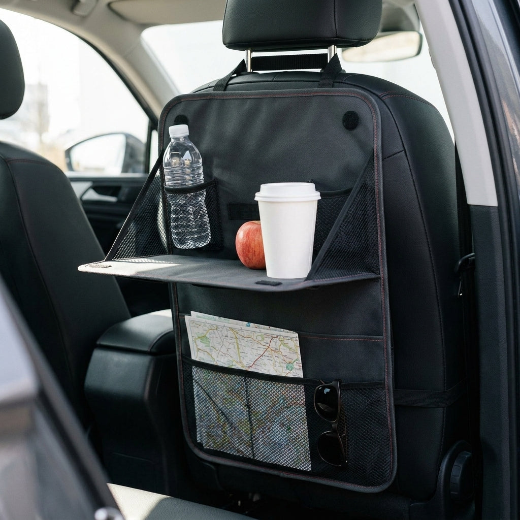 TrayBack Car Seat Organizer with Fold-Out Table - in use