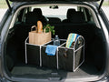 Collapsible car trunk organizer in use in a car trunk