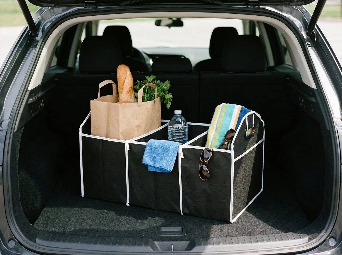 Collapsible car trunk organizer in use in a car trunk