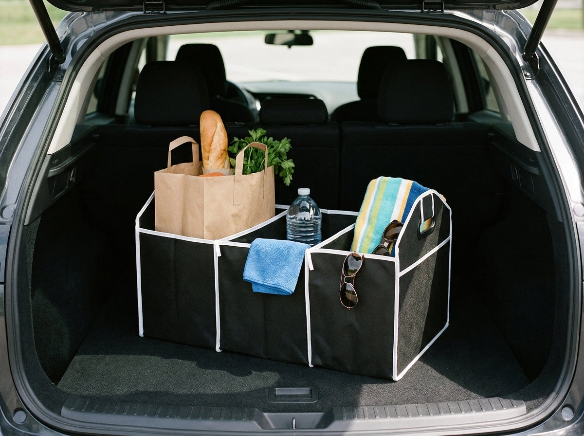 Collapsible car trunk organizer in use in a car trunk